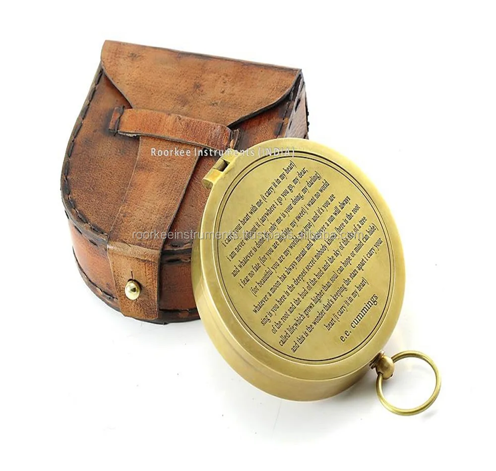 Handmade Antique Brass Pocket Compass with famous scripture engraved E. E. Cummings with Leather Case