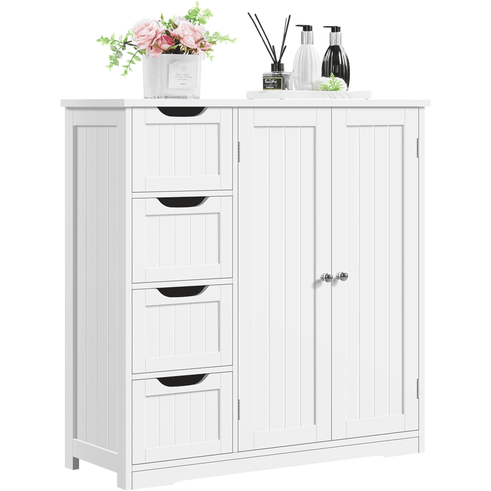 SmileMart Wooden Bathroom Floor Storage Cabinet with 4 Drawers and Double Doors for Home, White