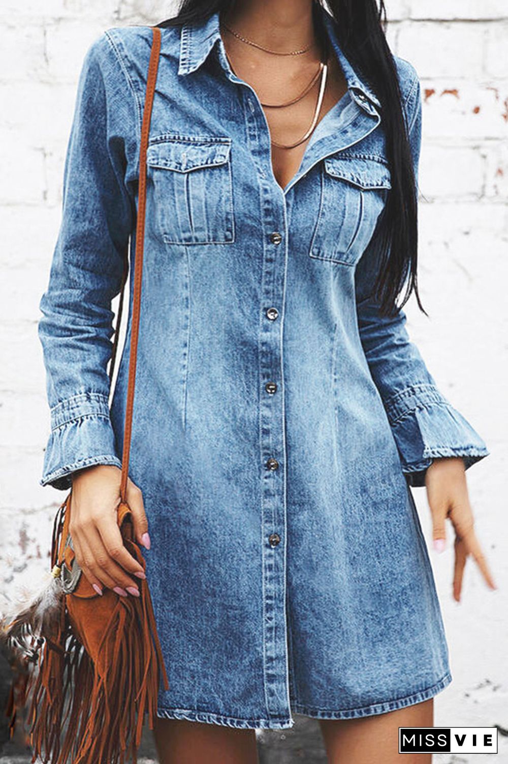 Washed Button Up Denim Mini Dress with Pockets