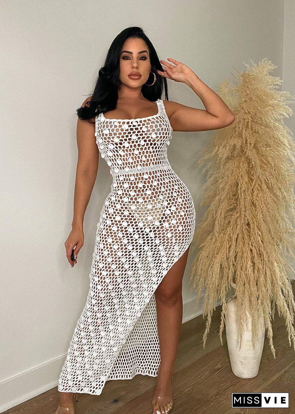 Handmade Knitted Hollow out Sequin Split Beach Dress