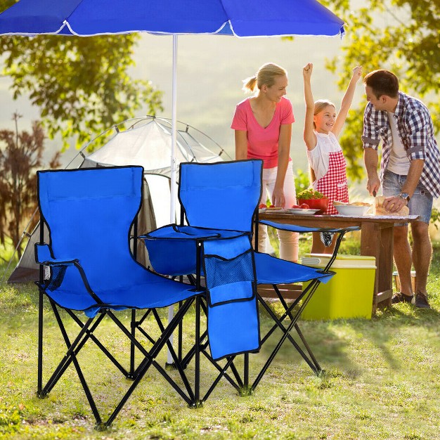 Costway Portable Folding Picnic Double Chair W umbrella Table Cooler Beach Camping Chair