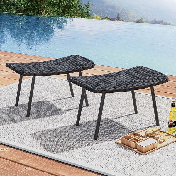 Set of 2 Patio Ottomans Multipurpose Rattan Ottomans w/ Padded Seat