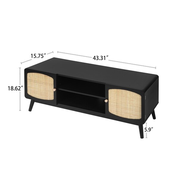 JASIWAY Modern TV Stand with Rattan Door， Black