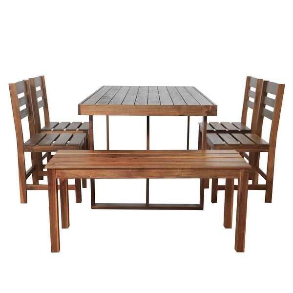 6Piece Patio Outdoor Acacia Wood Table and Chair Set With Bench