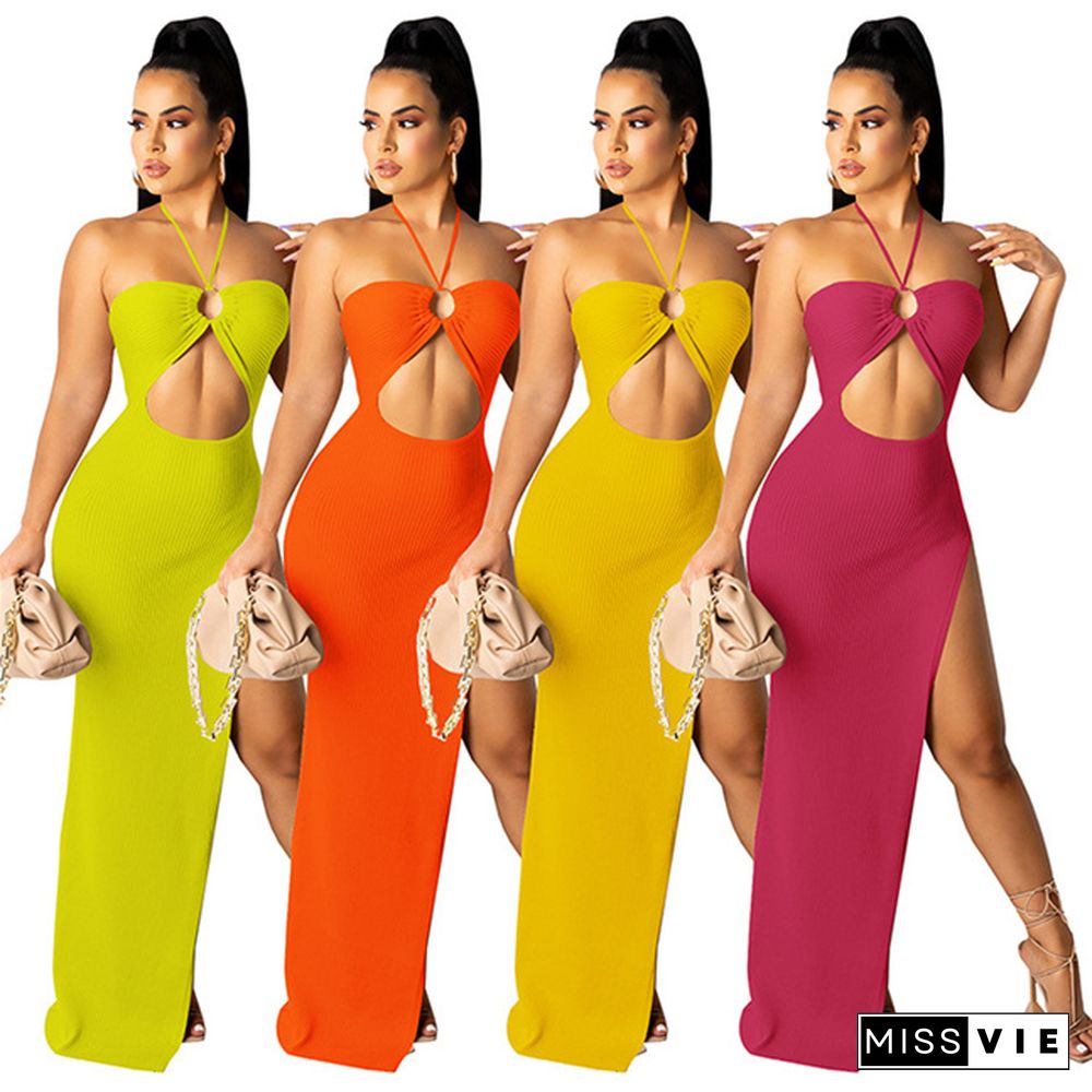 Women Sexy Solid Color Sleeveless Halter Hollow Out Asymmetrical High Splited Night Club Long Dresses