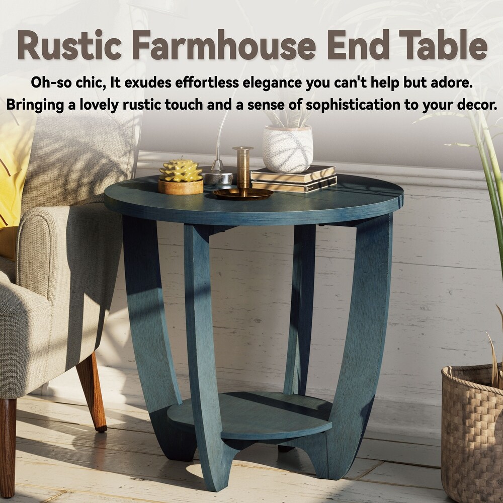 COZAYH Rustic Farmhouse End Table with Storage Shelf  French Country Accent Side Table  Round