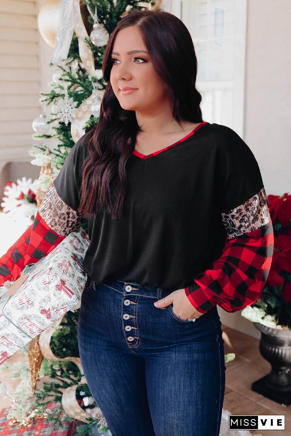 Black Sequined Leopard Insert Plaid Sleeve Plus Size Top