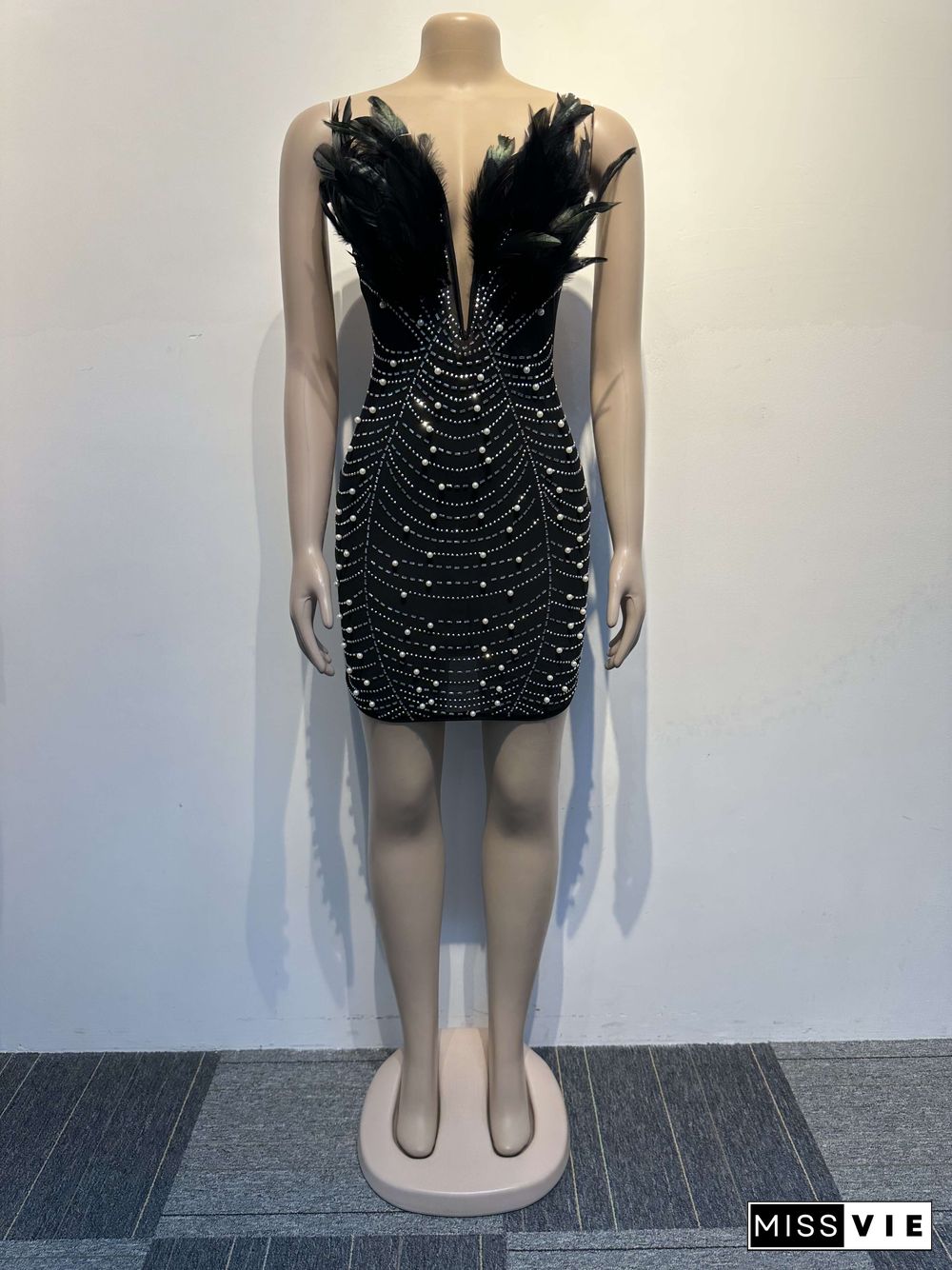 Pre-sale Sexy Feather Hot Drill Pearl Bodycon Dress