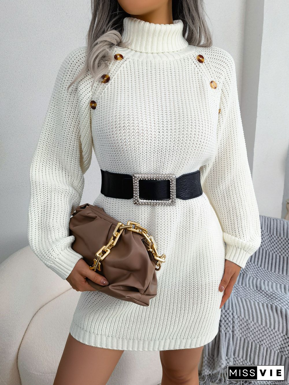 Casual Button Turtleneck Long Sleeve Bottom Sweater Dress