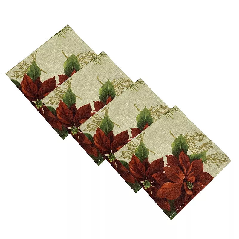 Elrene Home Fashions Festive Poinsettia Holiday Cloth Napkins， Set of 4