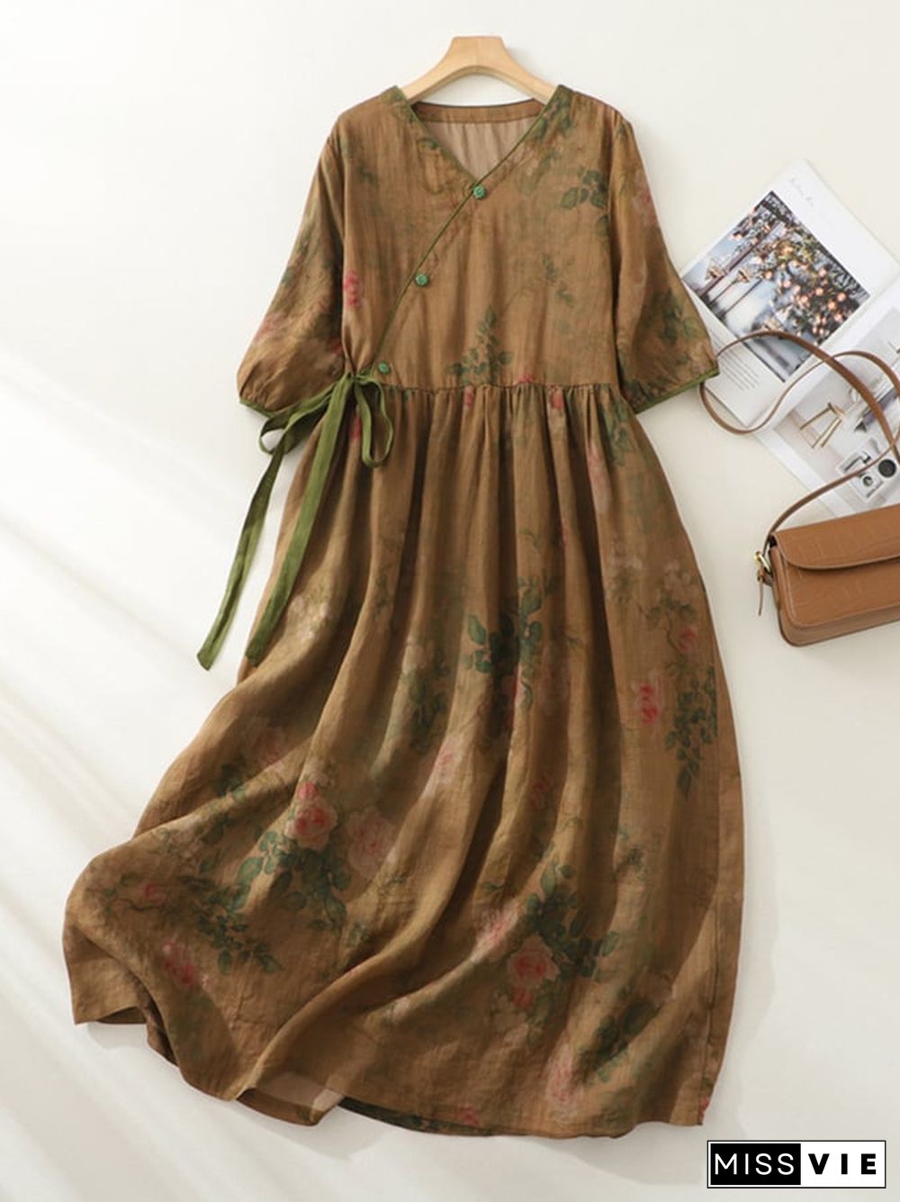 Forest Style Floral Petal Buckle Lined Dress