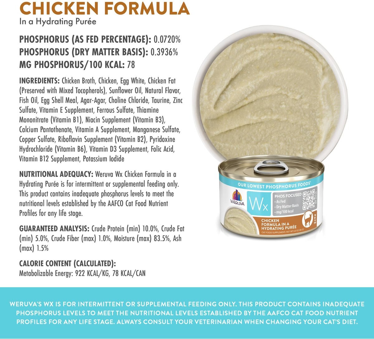 Weruva Wx Phos Focused Chicken Formula Grain-Free Puree Wet Cat Food， 3-oz can， case of 12