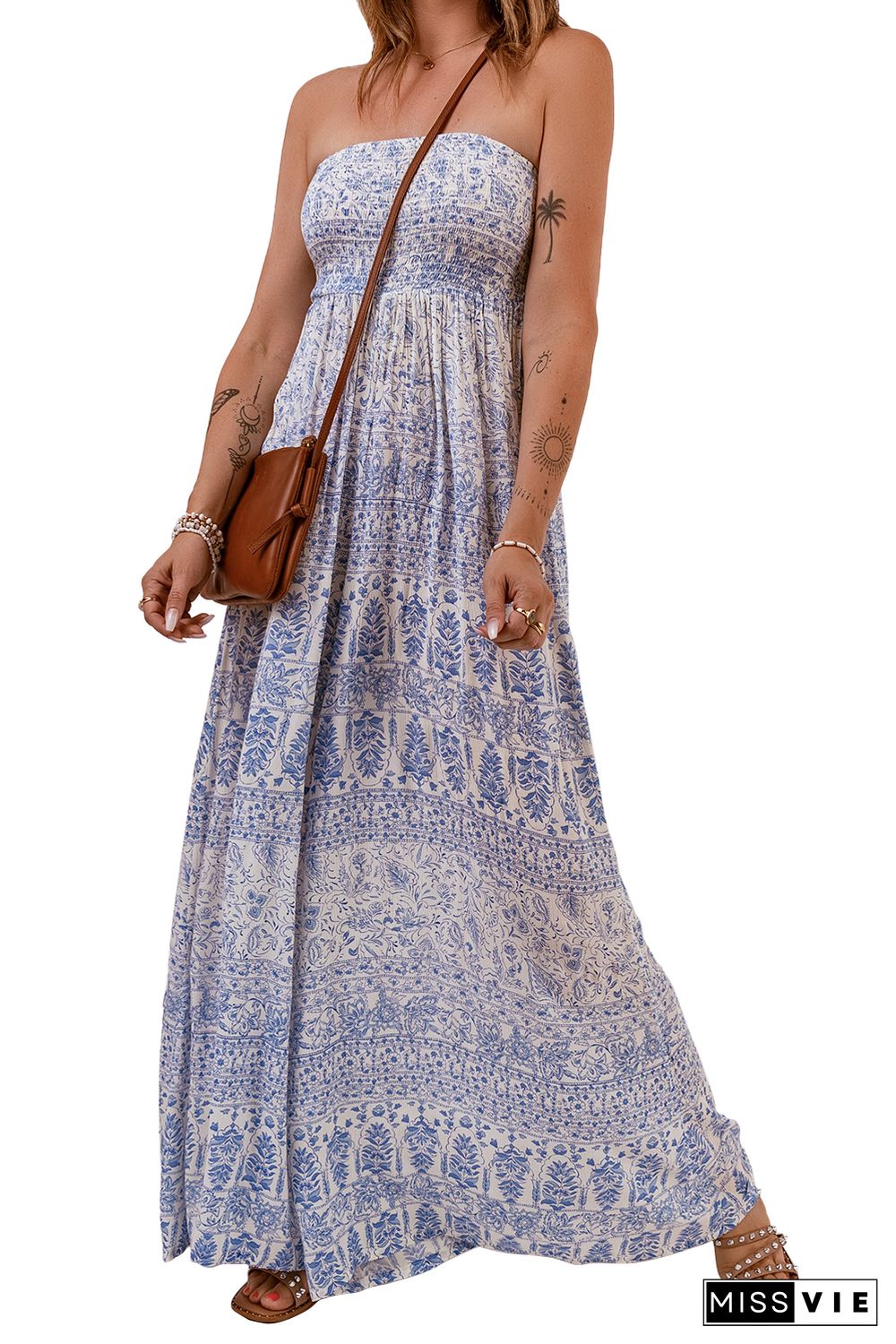 Blue Tube Smocked Floral Maxi Dress