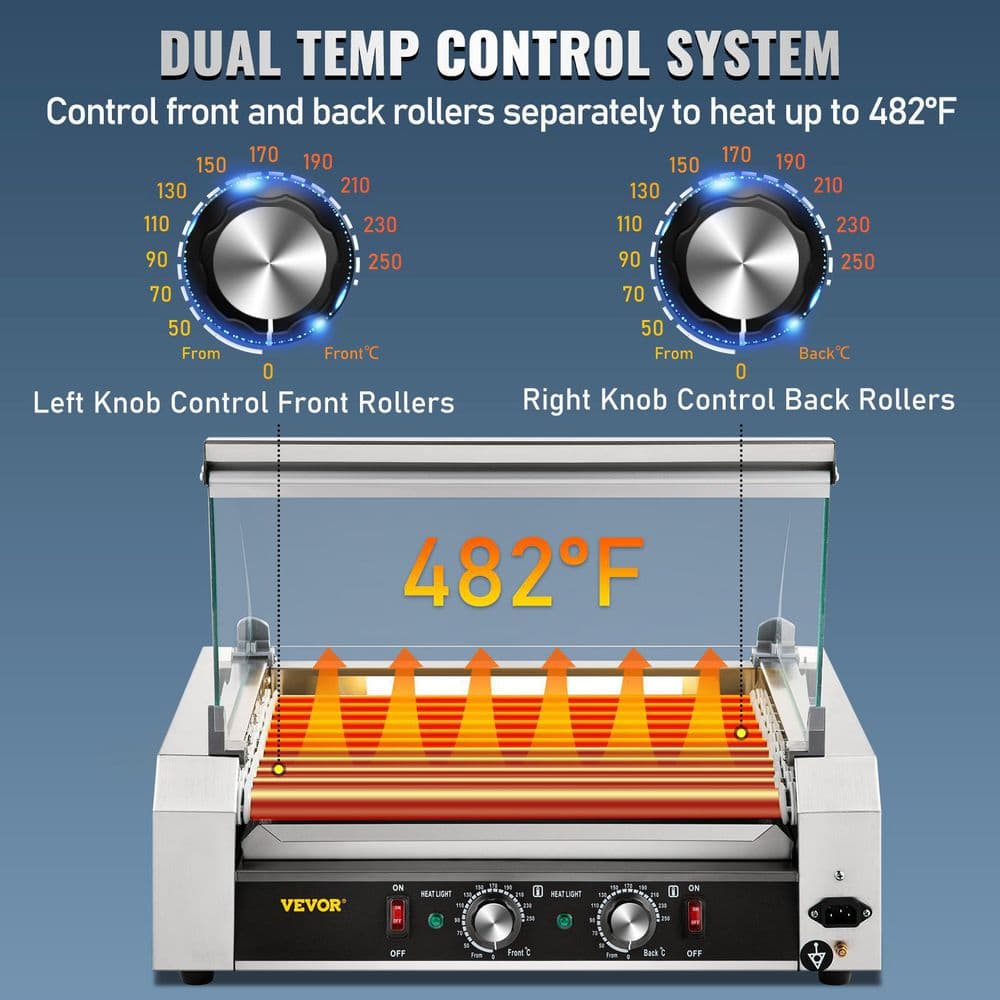 VEVOR Hot Dog Roller 30 Hot Dog Capacity 11 Rollers 1800W Stainless Steel Cook Warmer Machine with Cover Indoor Grills, Silver GYGRGJMC1123XBWL9V1