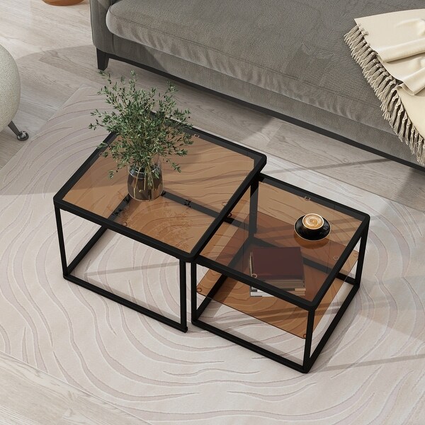 Adjustable 2Tier Nested Coffee Table with Highlow Glass with Metal