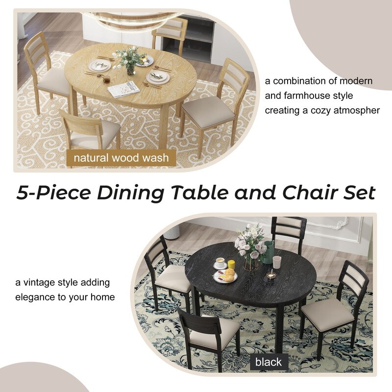 Farmhouse Style 5 Piece Multifunctional Dining Set with Extendable Round Table  Two Drawers and 4 Upholstered Dining Chairs