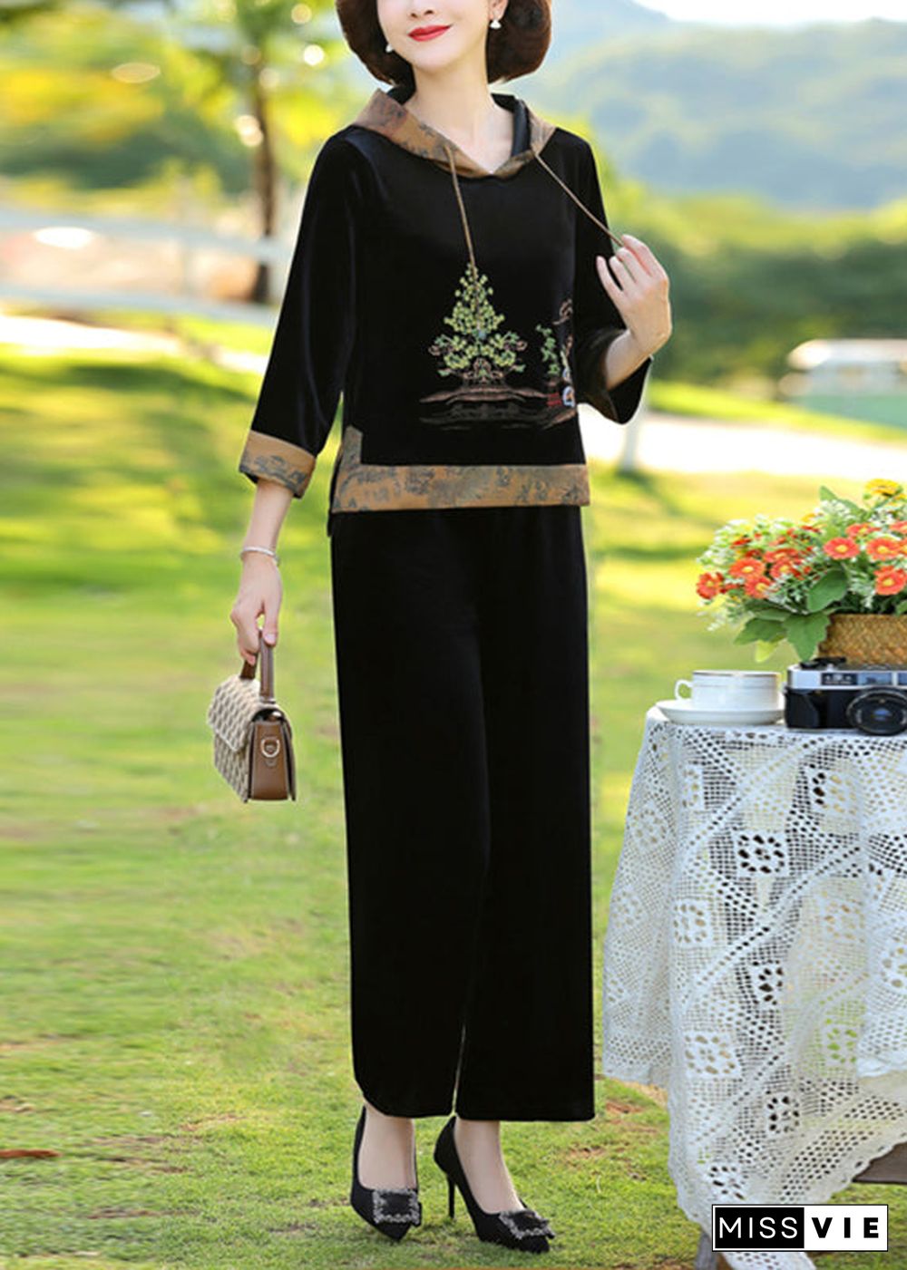 Elegant Black Print Patchwork Hooded Silk Velour Top And Wide Leg Pants Two Pieces Set Fall