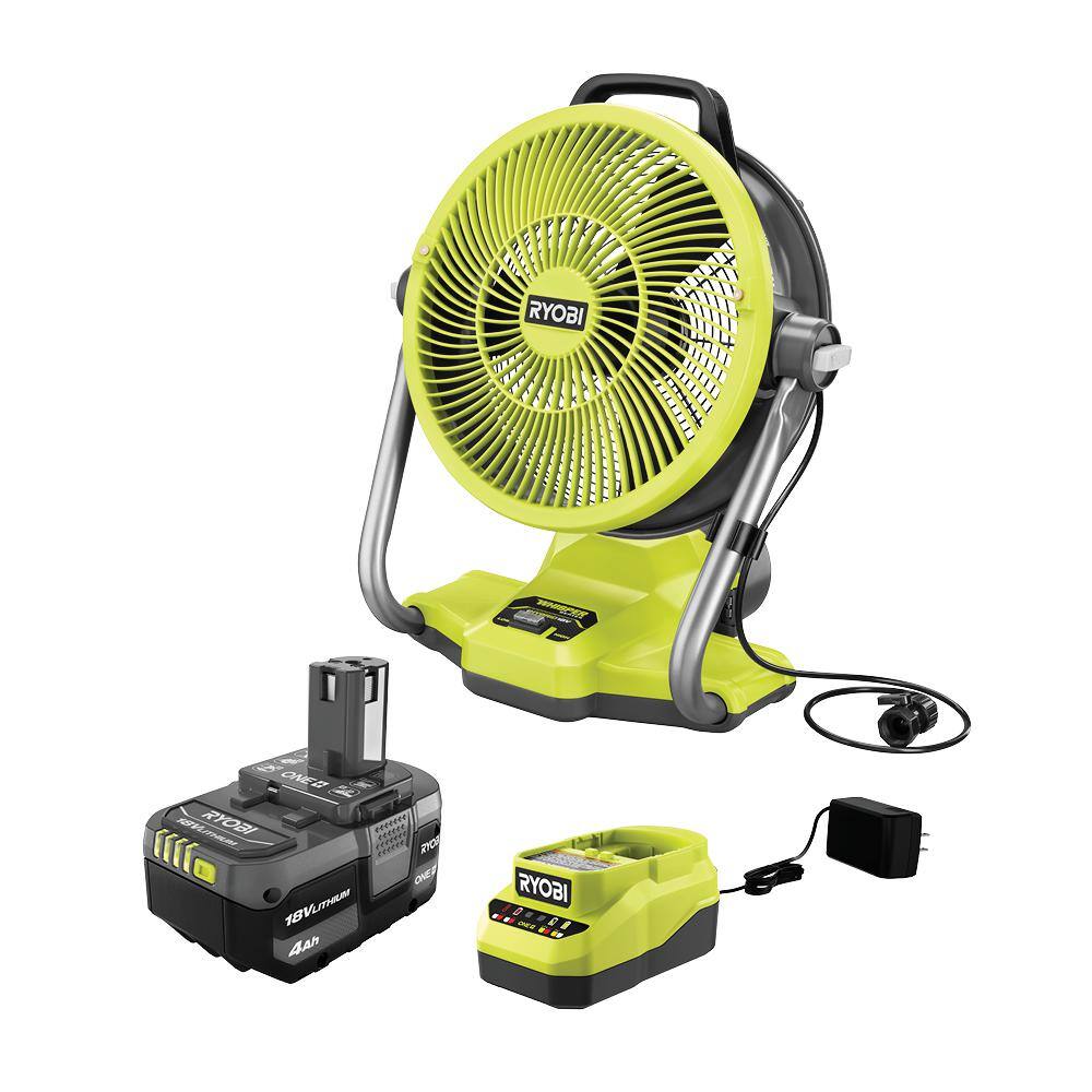 RYOBI ONE+ 18V Cordless Hybrid WHISPER SERIES 12 in. Misting Air Cannon Fan Kit with 4.0 Ah Battery and Charger PCL850K1