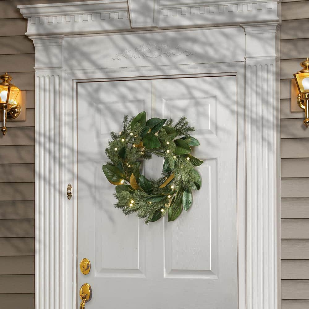  24 in. Magnolia Mix Pine Artificial Christmas Wreath with 35 Battery Operated LED Lights DC13-317L-24W-B