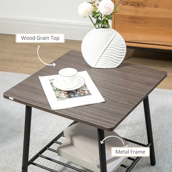 HOMCOM Side Table with 2-Tier Storage， End Table with Metal Frame for Living Room