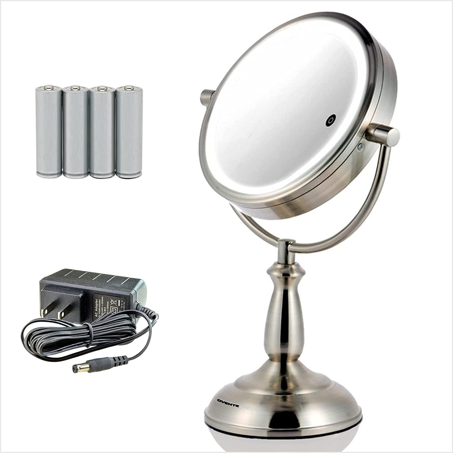 Ovente 75  Lighted Tabletop Vanity Makeup Mirror 1X and 7X Magnifier Spinning Double Sided Round LED 3 Tone Smart Touch Auto Shut Off Timer Battery and AC Plug Operated Nickel Brushed MPT75BR1X7X  Crowdfused