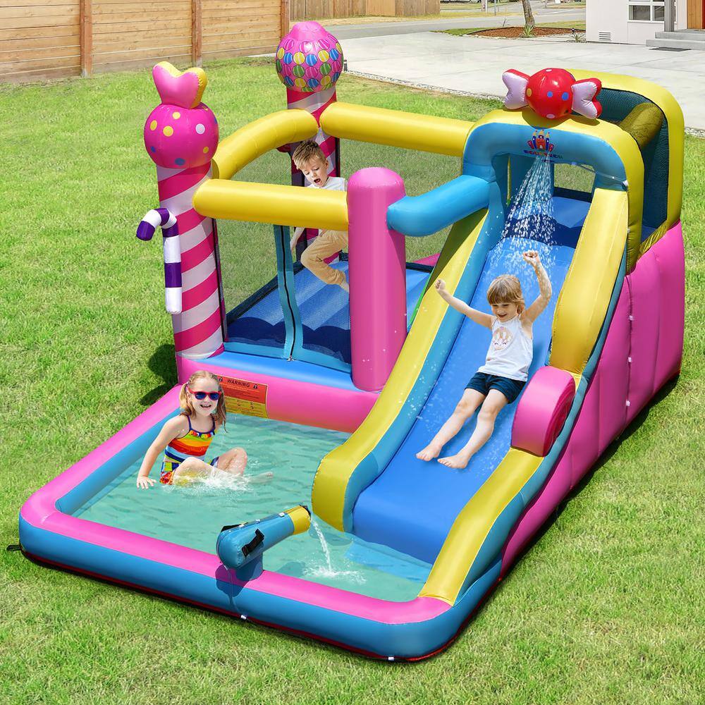 Costway Inflatable Bounce House Sweet Candy Bouncy Castle Bounce House with Water Slide and 480-Watt Blower NP10431