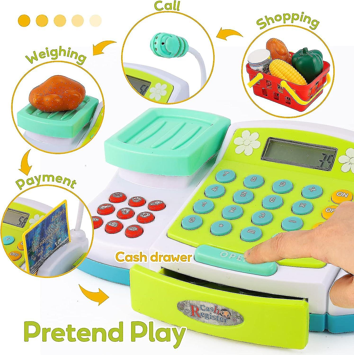 Kids Toy Till Cash Register With Microphone， Scanner， Calculator， Play Money， Pretend Role Play Food Toys， For Boys Girls 3+