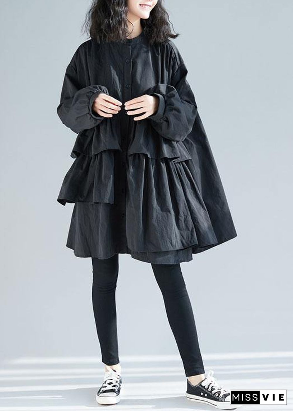 Loose black Cotton quilting dresses layered ruffles Art shirt Dress