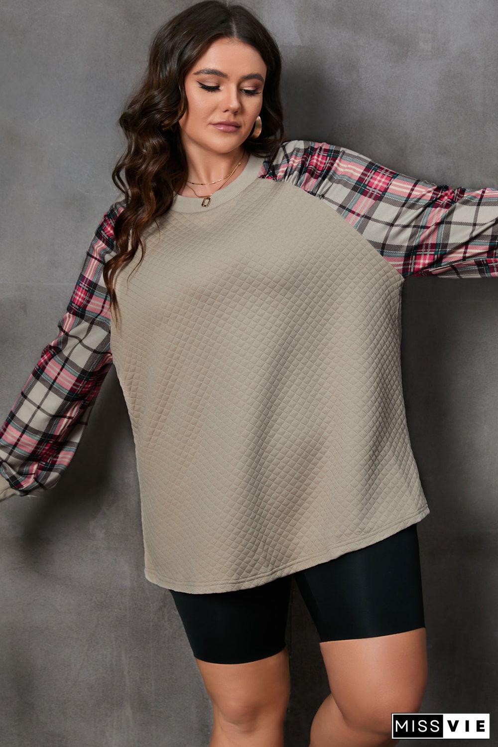 Apricot Plus Size Plaid Raglan Sleeve Crew Neck Sweatshirt