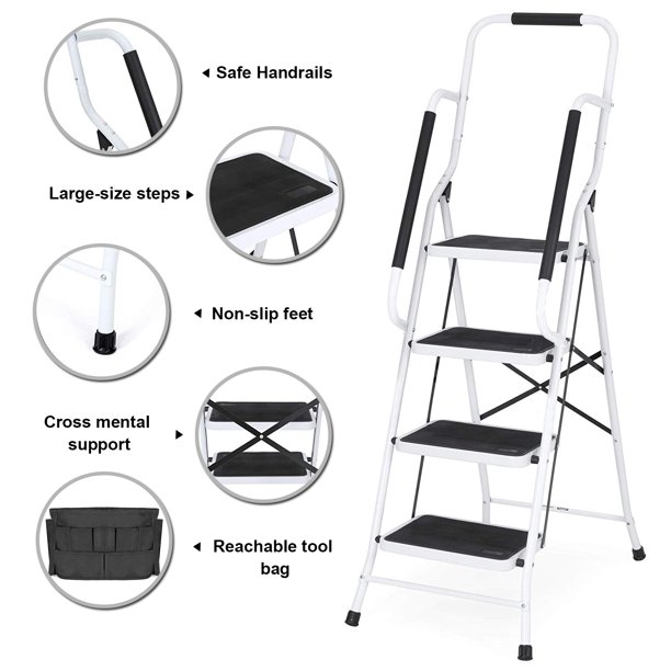 NSdirect Folding 4 Step Home Improvement Ladder， Portable Step Stool with Safety Handrails Non-Slip Wide Pedal