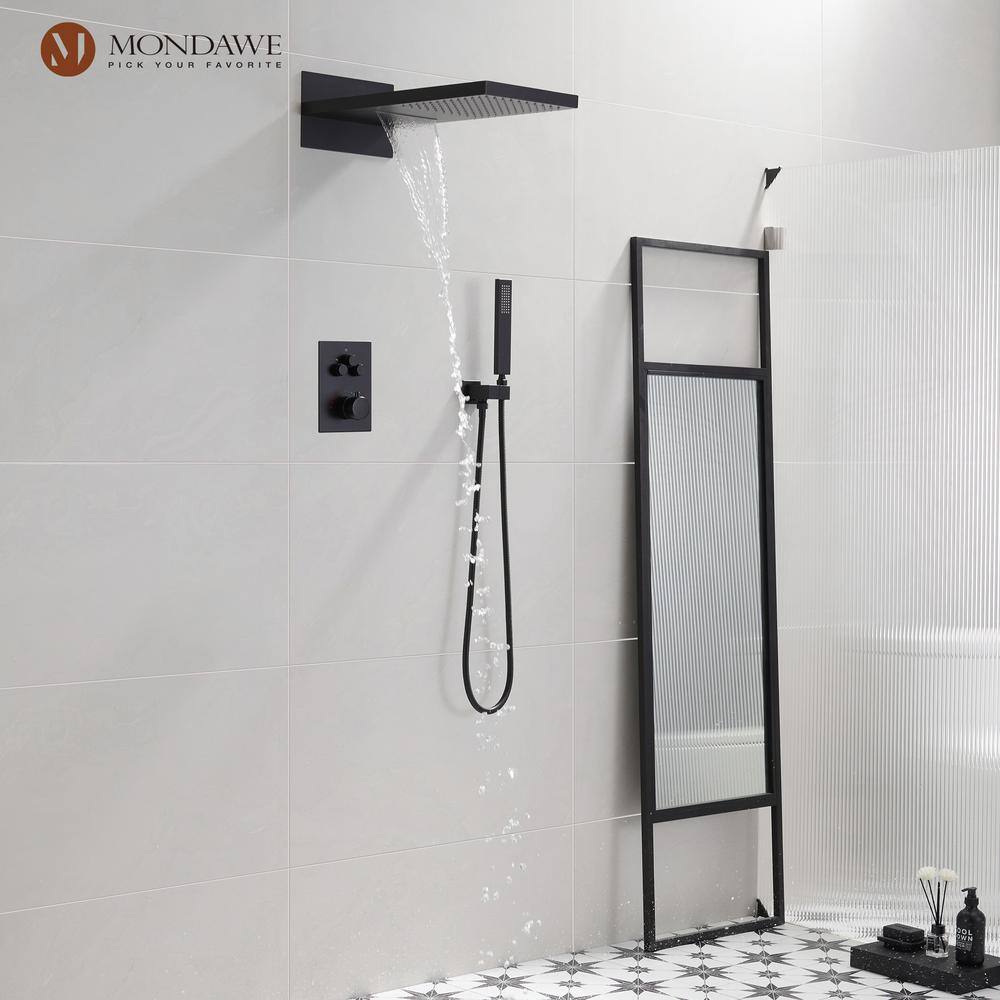 Mondawe 3-Spray Patterns Thermostatic Bathroom Showers 22 in. Wall Mount Rainfall Dual Shower Heads in Matte Black WF6648-22BL