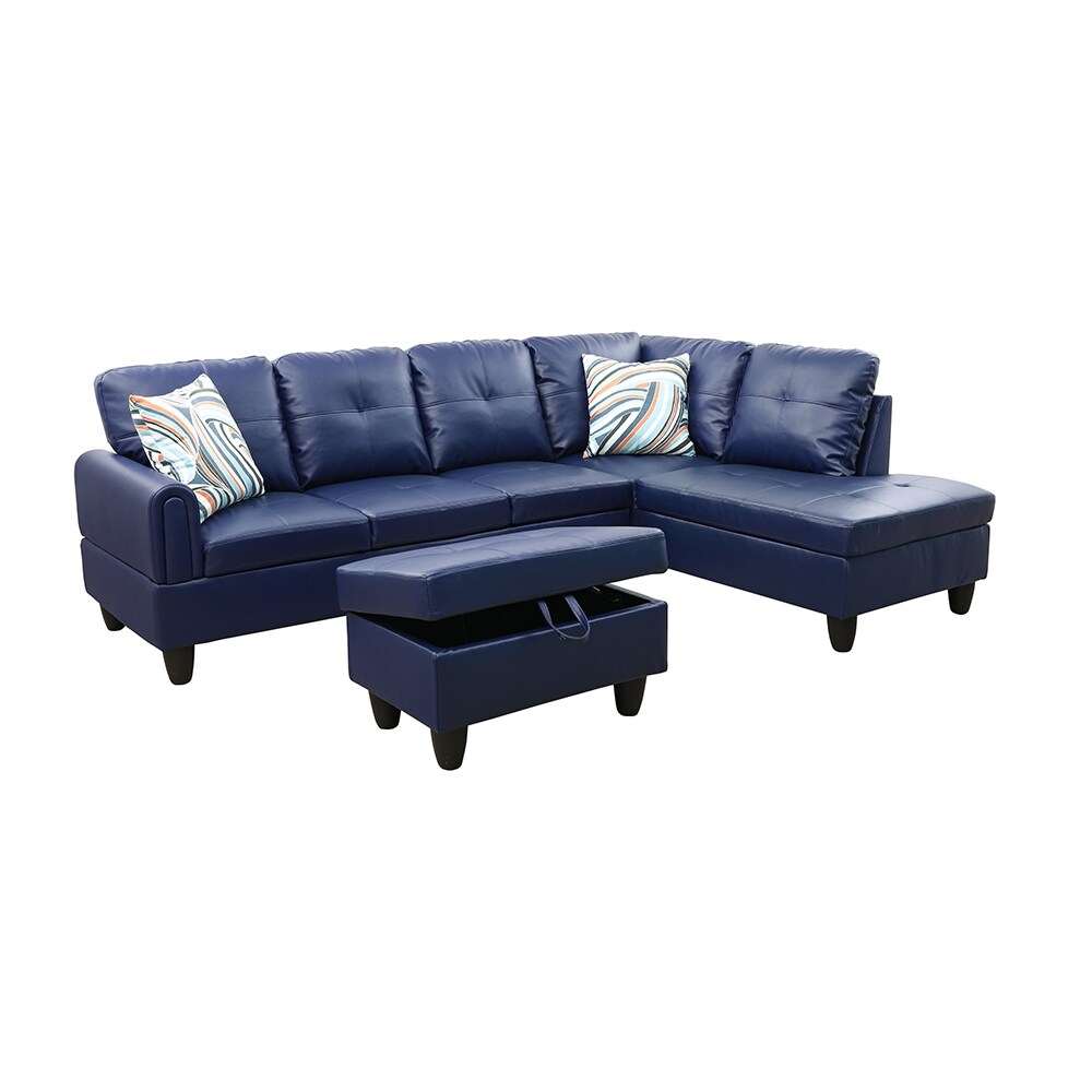 StarHomeLiving Jazz Blue left facing leather Sectional Sofa 3 pieces Set