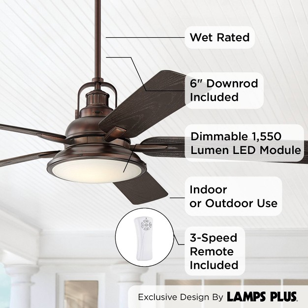 Casa Vieja Wind And Sea Industrial Indoor Outdoor Ceiling Fan With Dimmable Led Light Remote Oil Brushed Bronze Frosted Glass Wet Rated For Patio