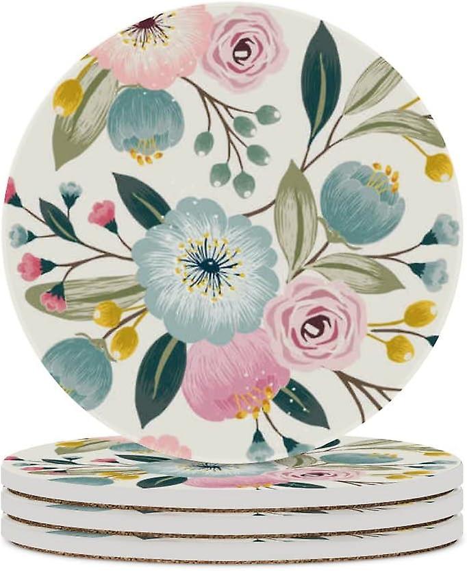 4pcs Round Floral Pattern With Spring Flowers Ceramic Coasters With Cork-backed For Coffee Drink Cup Mat Absorbent Stone Coasters