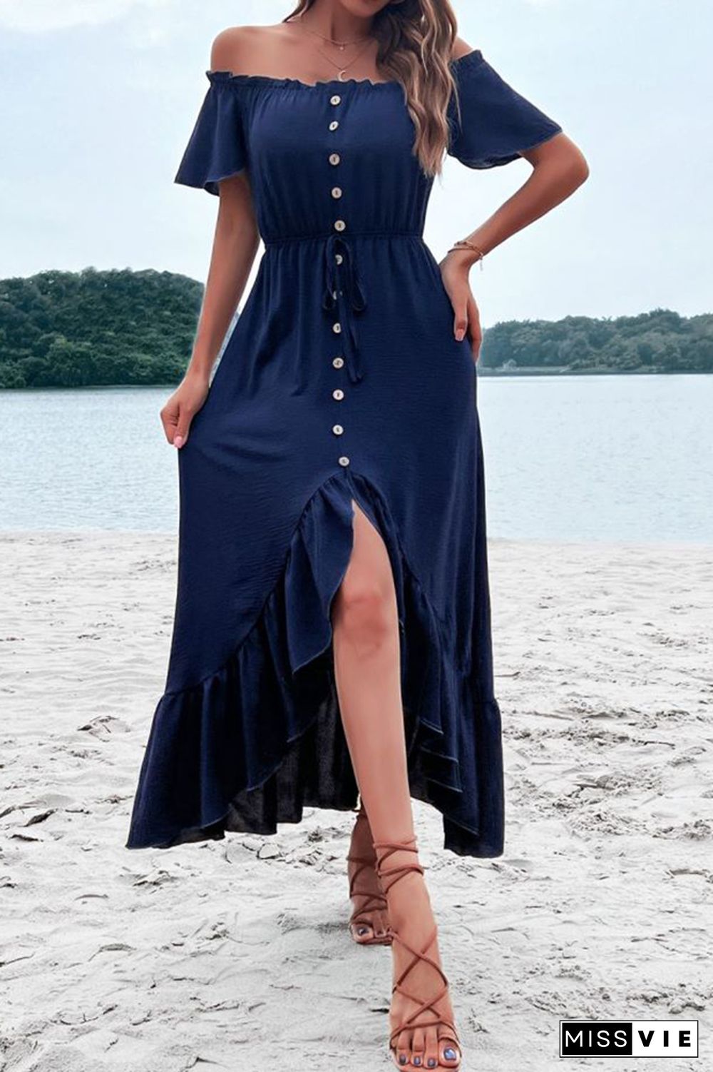 Navy Off Shoulder Button Down Drawstring High Low Ruffle Maxi Dress