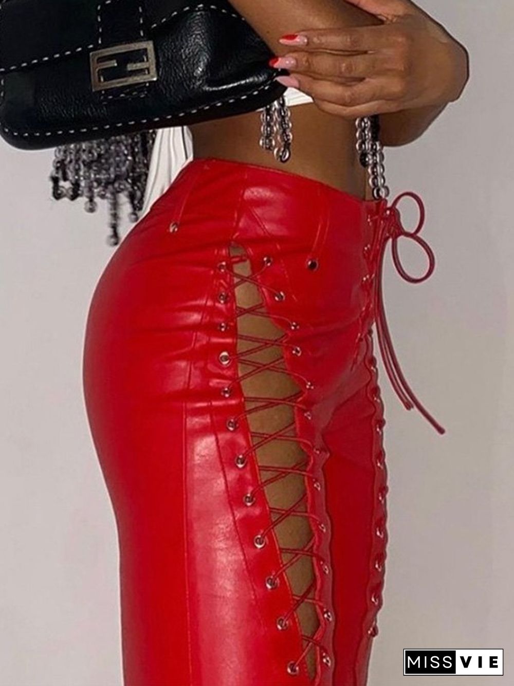 Cutout Lace Up Pu Leather Pants