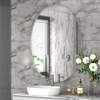 PAIHOME 22 in. W x 30 in. H Medium Oval Stainless Steel Framed Wall Bathroom Vanity Mirror Decorative Mirror in Brushed Silver HD-22301-SOSV