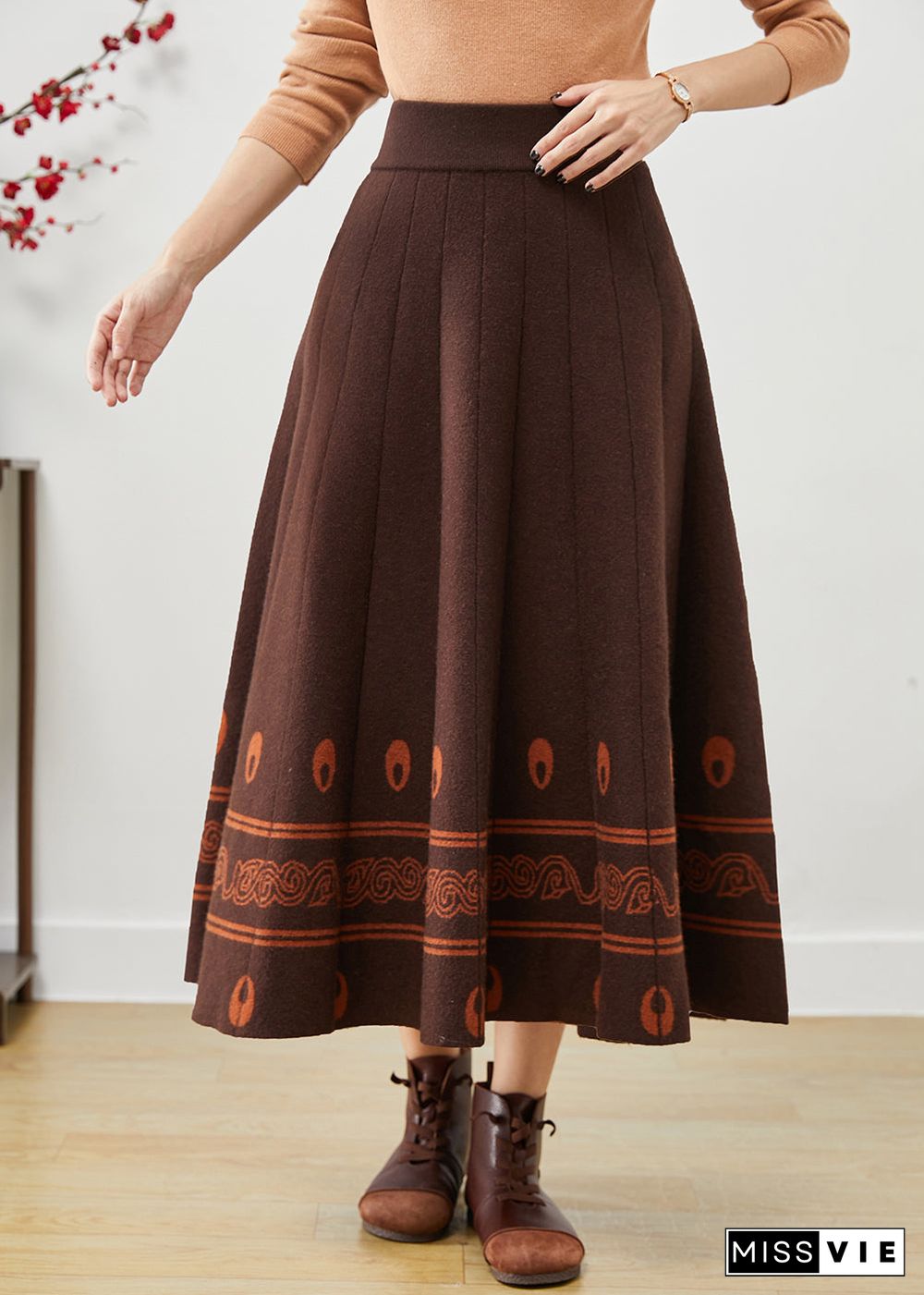 Modern Chocolate Exra Large Hem Print Wool Skirts Fall