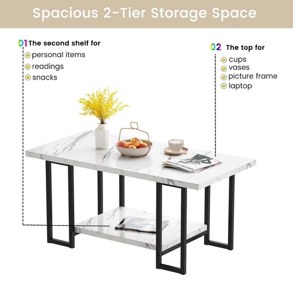 2 -Tier Rectangle Coffee Table， Black Base and Faux Marble Table top for Living Room， Double Metal Leg Design