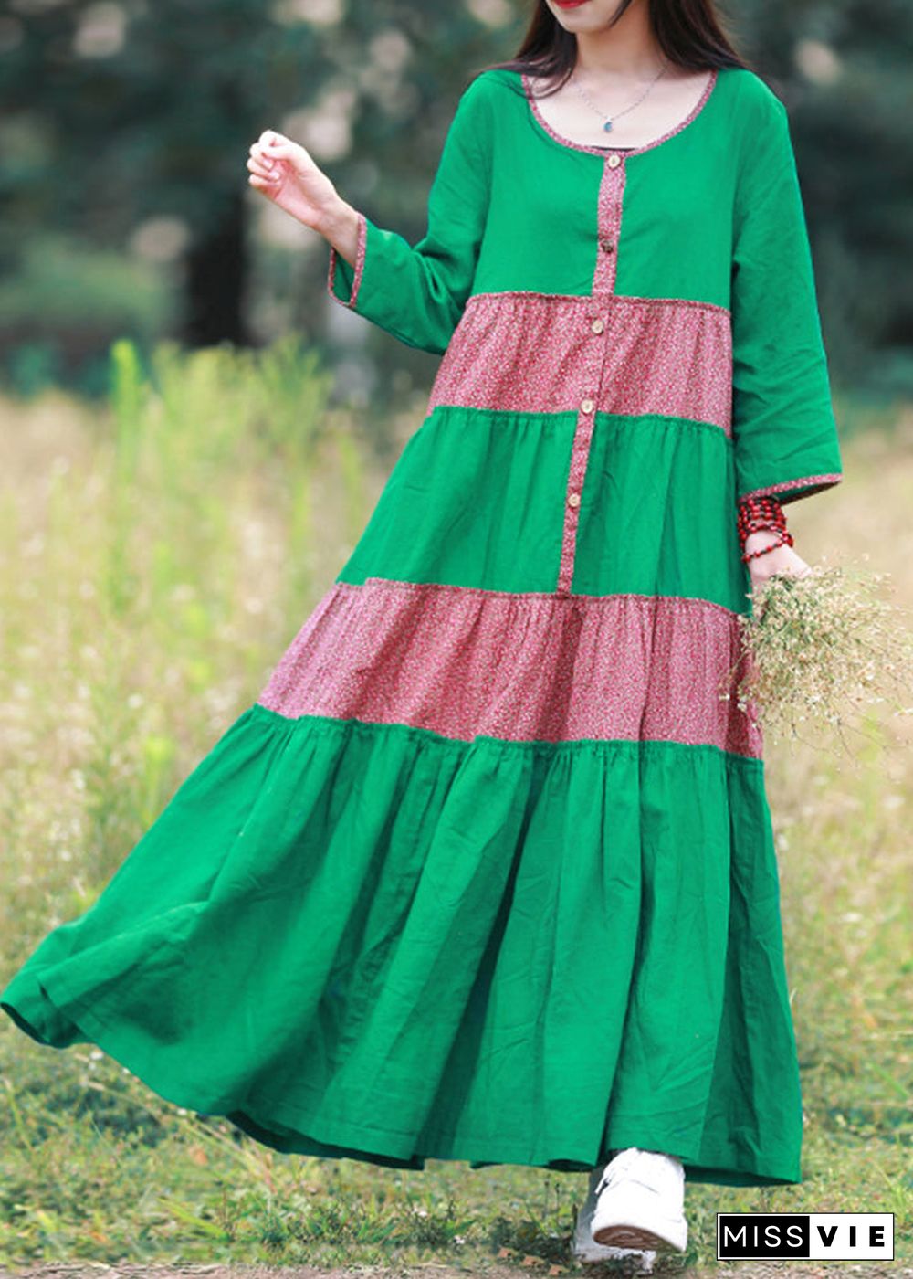 Elegant Green O-Neck Button Patchwork Vacation Dresses Long Sleeve