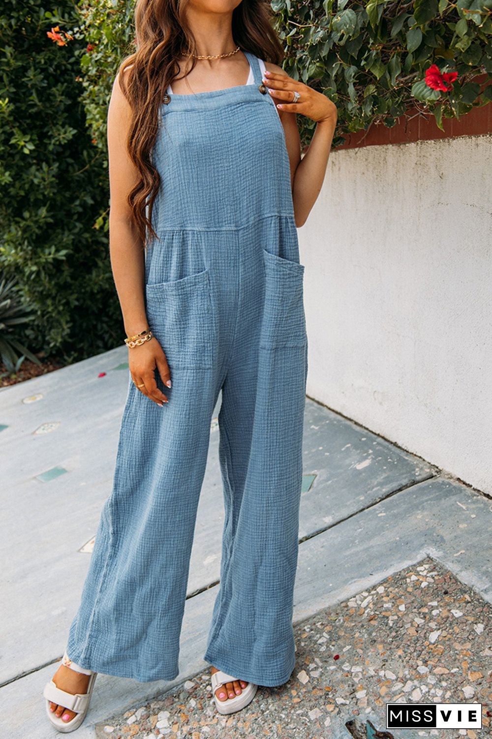 Plain Texture Wide Leg Cami Jumpsuit