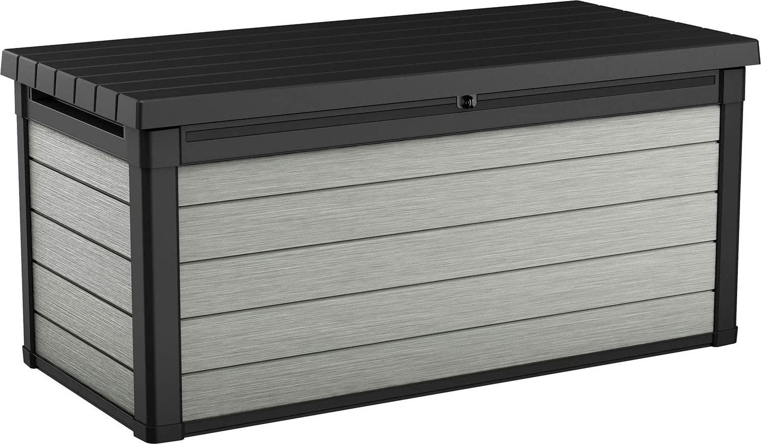 Keter Denali 150 Gallon Resin Large Deck Box - Organization and Storage for Patio Furniture, Outdoor Cushions, Garden Tools and Pool Toys, Grey and Black