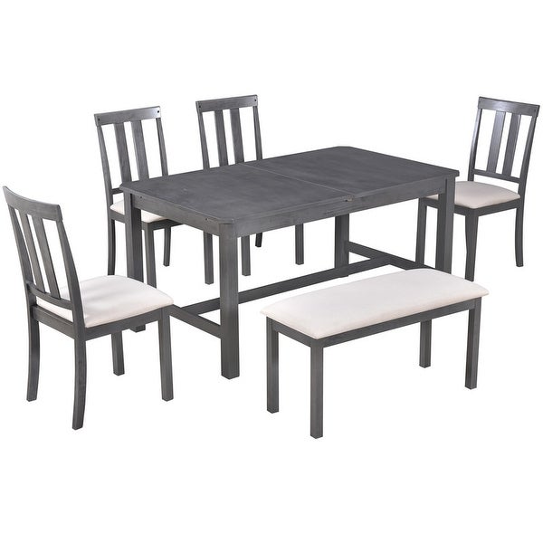 Vintage 6-piece kitchen table with adjustable length table in solid wood with 4 upholstered chairs and benches