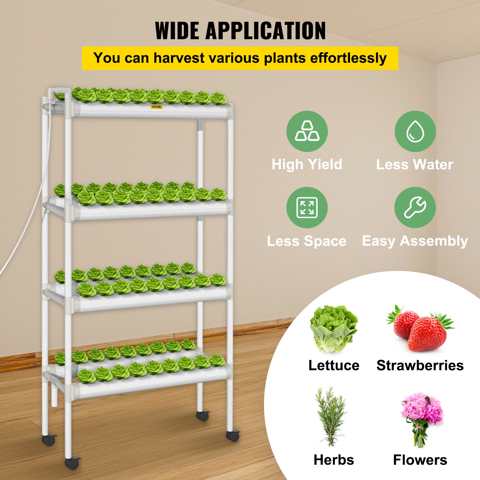 VEVOR Hydroponic Site Grow Kit 4 Layer 72 Plant Sites， 8 PVC Pipes Hydroponic Indoor Plant Growing System， Food-Grade Pipe Plant Grow Kit with Water Pump and Timer