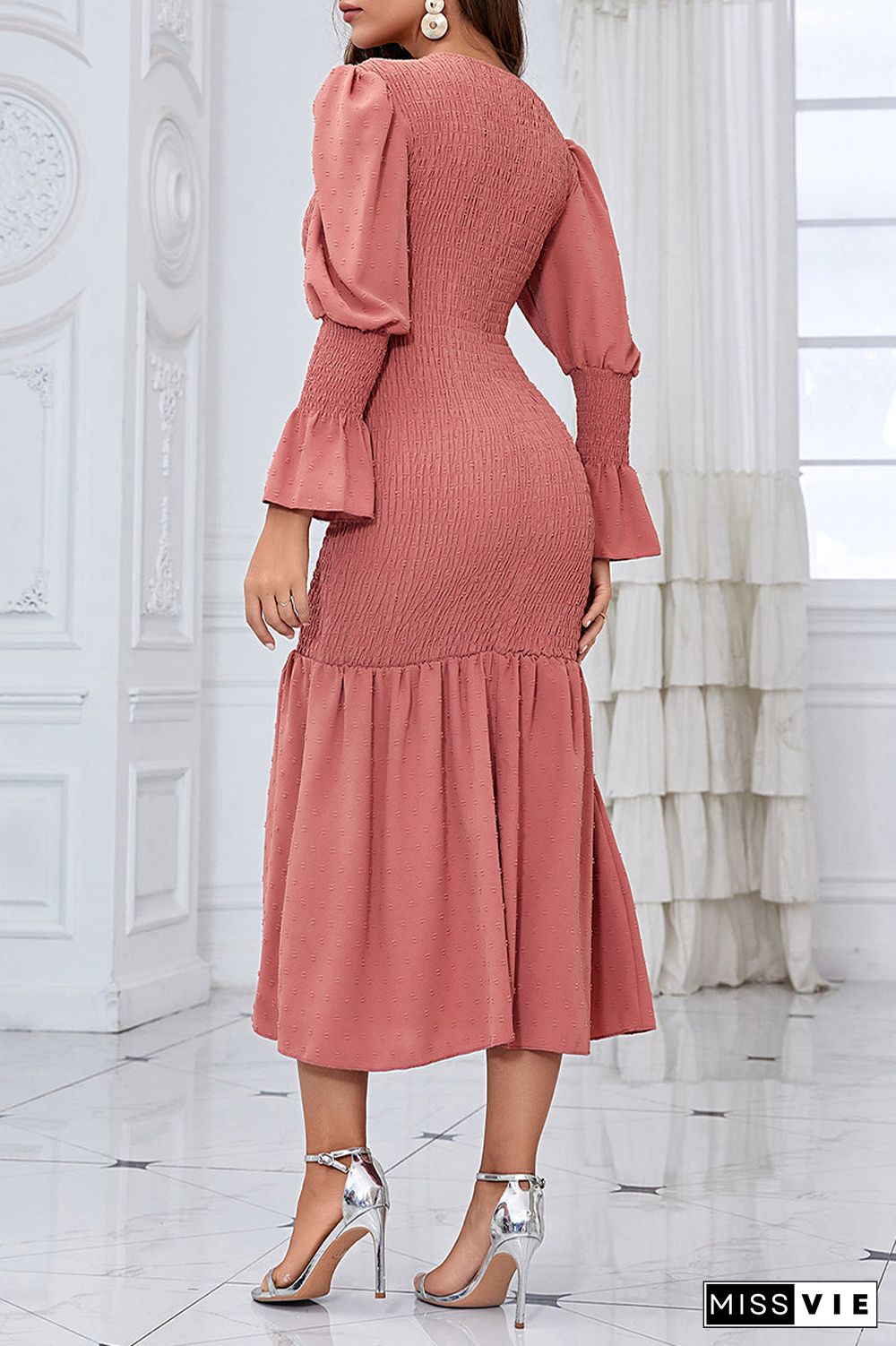 Elegant Solid Fold O Neck Wrapped Skirt Dresses