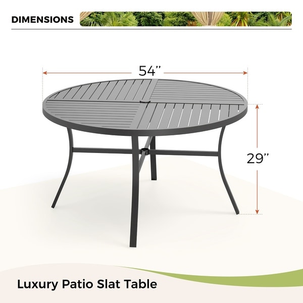 7Piece Patio Dining Set ，Large Round Dining Table with Umbrella Hole and Metal Swivel Dining Chairs