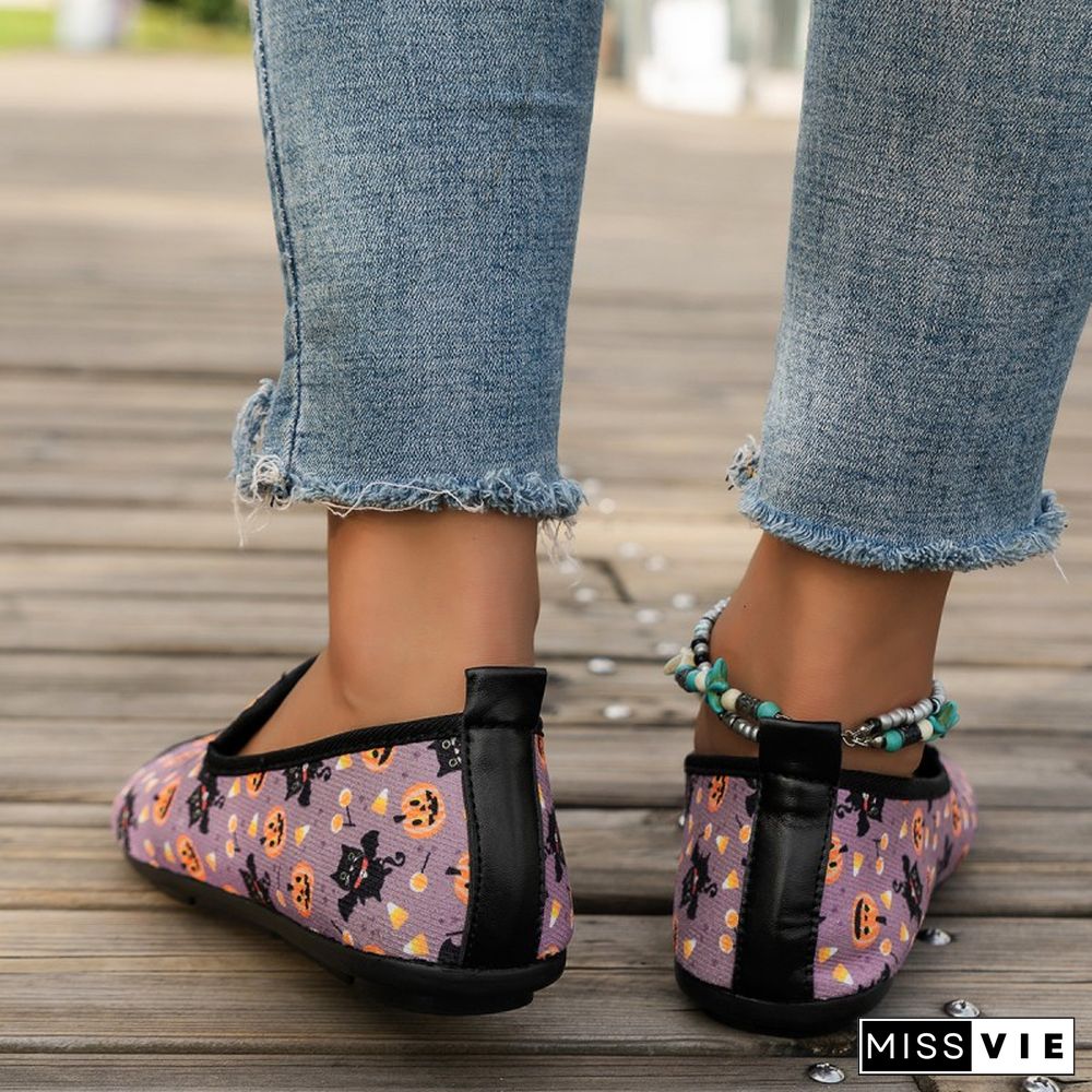 Halloween Purple Casual Patchwork Printing Round Comfortable Flats Shoes