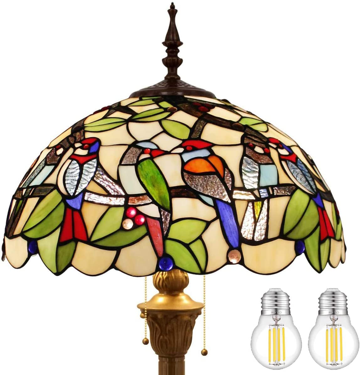 BBNBDMZ Tiffany Floor Lamp Double Birds Amber Stained Glass Standing Reading Light 16X16X64 Inches Antique Pole Corner Lamp Decor Bedroom Living Room  Office S805 Series