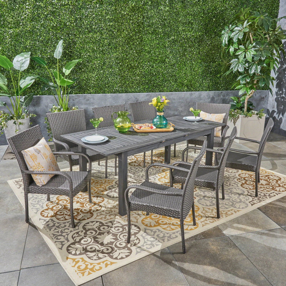 9 Piece Ellis Outdoor Wood/Wicker Expandable Dining Set   Tropical   Outdoor Dining Sets   by GDFStudio  Houzz