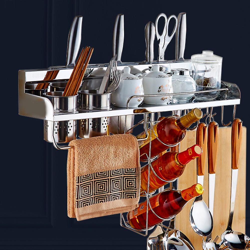 304 Stainless Steel Wall-Mounted Kitchen Multi-Functional Storage Rack Shelf with Hanging Basket and Cups